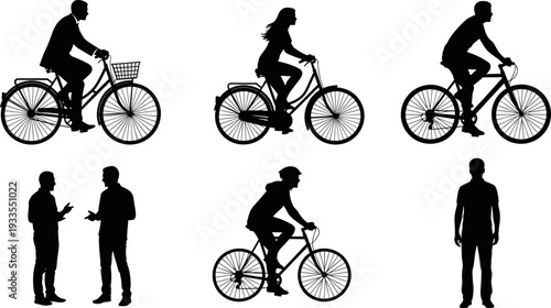 People bicycle silhouette illustration set, men and women cycling and standing poses, urban lifestyle transportation concept, black isolated vector figures collection