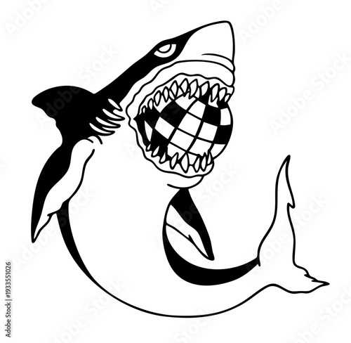 Shark with disco ball in jaws — wild retro 70s mirrorball energy, club culture, bold nightlife party aesthetic