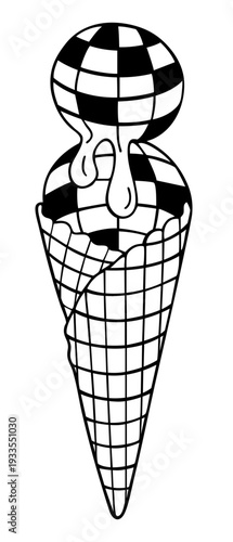 Disco Ball Ice Cream Cone, Sweet Retro Party Dessert with Mirror Ball Pattern and Funky 70s Style