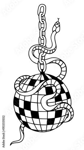 Disco Ball with Snake and Chain, Dark Retro Nightclub with Mirror Ball and Edgy 70s Aesthetic