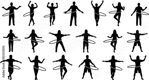 People hula hoop silhouettes vector set, fitness activity collection showing men and women exercising with hoop for sport, dance, and wellness design