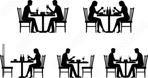 People Dining at Restaurant Table Black Silhouette Vector Set, Couples Eating and Drinking Icons, Dinner Date Night Scene Graphics, Mobile Phone Distraction and Social Interaction Concept.