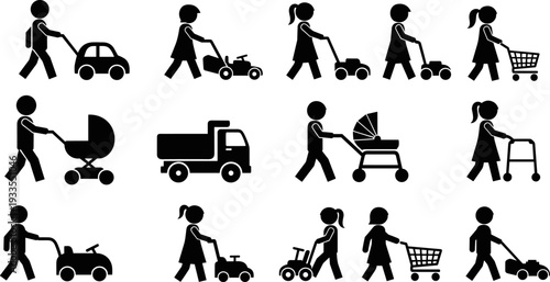 People pushing objects silhouettes collection, men women and children with carts strollers toys and vehicles, black vector illustration set for daily life activities, icons, signage