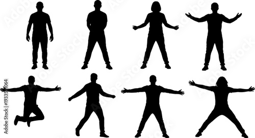 People silhouette vector illustration set, men and women standing jumping gesturing poses, human body action collection, black minimal design isolated on white