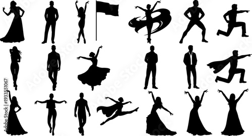 People silhouettes action poses collection, dancers superheroes business figures, black vector illustration isolated on white background for creative design marketing advertising