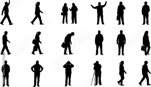 People silhouettes vector collection, men and women walking standing talking poses, black human figures illustration set for urban lifestyle design projects
