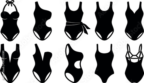 Flat design front view assorted one piece swimsuit silhouettes in black variety of strap styles isolated on white background collection