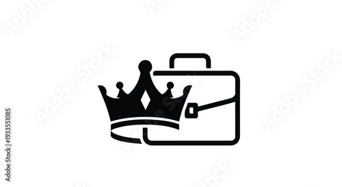 Black line art illustration of crown and briefcase symbolizing business success and royalty on white background