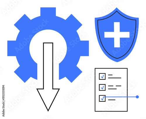 Workflow management, risk mitigation, process improvement, safety protocols, task monitoring, goal tracking. Gear with arrow, shield with cross and checklist. Workflow management and risk mitigation