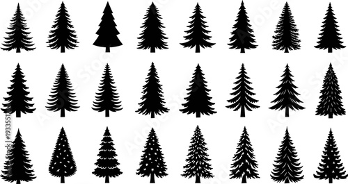 Pine and fir tree silhouettes collection, evergreen forest icons set, black nature vector illustration elements for winter, christmas, landscape design