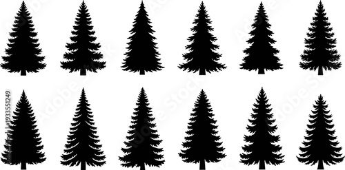 Pine tree silhouette vector collection featuring evergreen forest shapes, black conifer icons set for nature landscapes, winter design, camping graphics, and outdoor branding