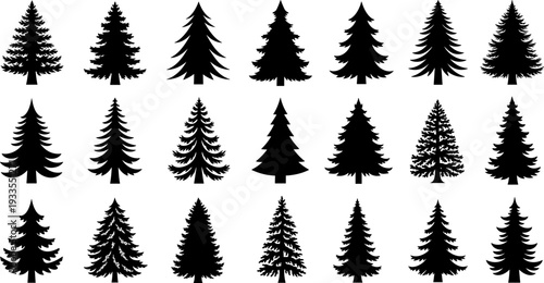 Pine tree silhouettes vector illustration set, evergreen fir and spruce forest icons, black minimal conifer collection for winter, nature, Christmas design