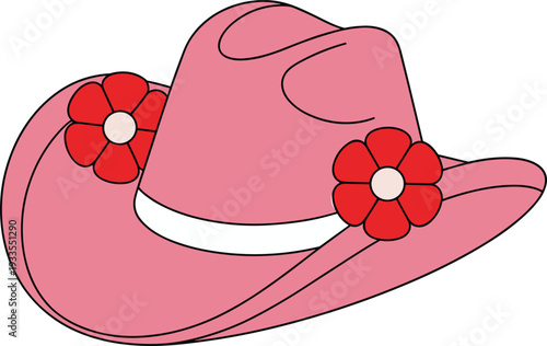 Pink cowboy hat with red flower decorations and white band, stylish western fashion accessory vector illustration isolated on white background