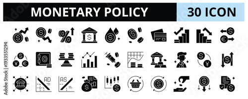 30 Monetary Policy Glyph Icons Vector - Inflation, Deflation, Interest, Rate, Liquidity, Recession, Lending, Credit