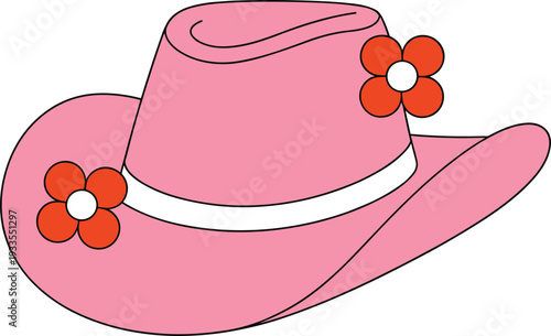 Pink cowboy hat vector illustration with red flowers and white band, stylish western fashion accessory design isolated on white background