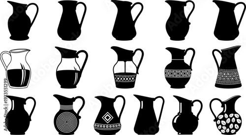 Pitcher jug silhouettes vector collection, ceramic water milk wine pitchers, vintage kitchen pottery icons set for tableware design, branding, decoration illustration