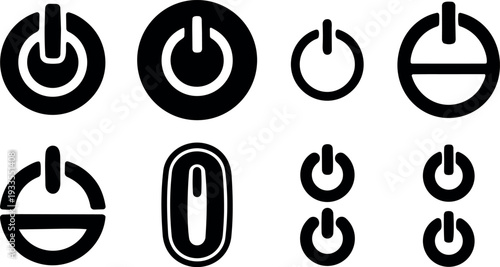 Flat design power button icon set assorted circular toggle symbols multiple sizes isolated on white background minimalist black vector collection
