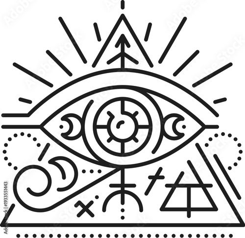 Egyptian horus God eye esoteric line tattoo. Egyptian history tarot outline vector tattoo, Africa culture esoteric thin line print. Egypt mythology boho symbol or sign with gods eye of providence