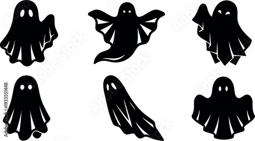 Flat design spooky ghost silhouettes set showing six floating sheet ghosts for halloween vector icons in black and white collection