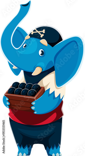 Cartoon elephant animal pirate character with large blue ears, tusks, and trunk raised up. Vector elephant corsair holding a wooden crate full of black cannonballs. Cartoon pirate in corsair bandana