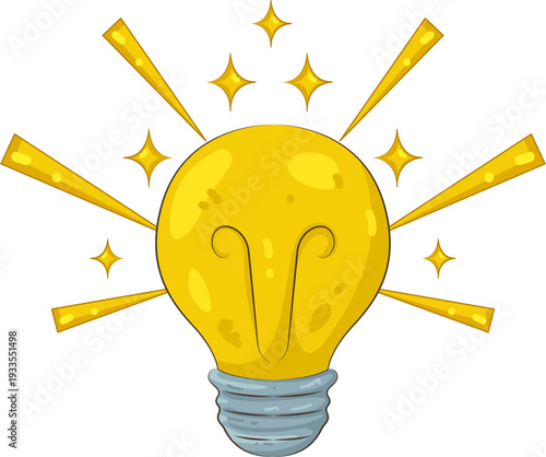A glowing lightbulb with radiating stars and lines