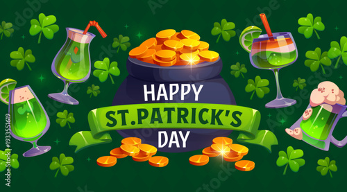 Happy St Patrick day greeting card. Vector cartoon pot of gold, green beer and cocktails, shamrock clovers and festive ribbon on a dark background. Holiday celebration banner for Saint Patricks day