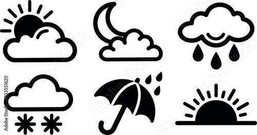Flat design set of six weather icons showing sun cloud moon rain snow umbrella sunrise in simple black line vector