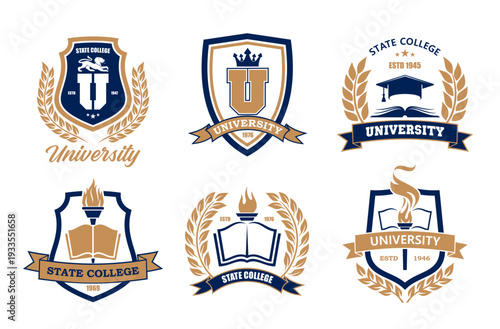 University academy and school college icons vector set. Educational academic emblems featuring classic shields, books, laurels, torches and graduation caps in blue and gold, for institutional branding