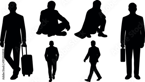 Vector silhouette set of business men walking standing and sitting with suitcase briefcase travel poses in black frontal profile casual