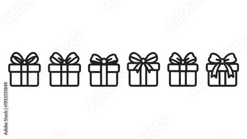 Row of outlined gift box icons with varied bows.