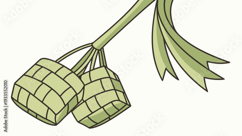 Ketupat, traditional woven rice pouch, clean flat illustration, with copy space, even lighting, pastel background