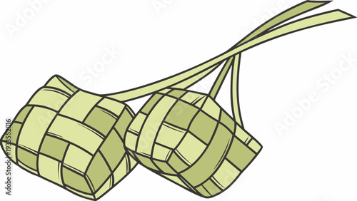 Ketupat, traditional woven rice pouch, clean flat illustration, with copy space, even lighting, pastel background