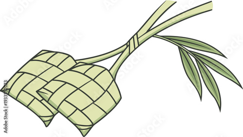 Ketupat, traditional woven rice pouch, clean flat illustration, with copy space, even lighting, pastel background