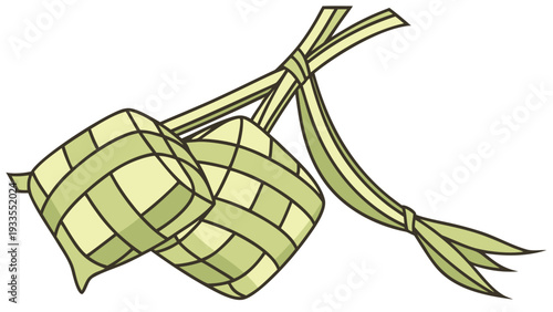 Ketupat, traditional woven rice pouch, clean flat illustration, with copy space, even lighting, pastel background