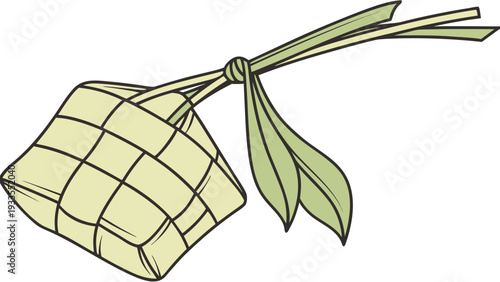 Ketupat, traditional woven rice pouch, clean flat illustration, with copy space, even lighting, pastel background