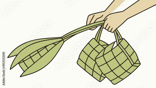 Ketupat, traditional woven rice pouch, clean flat illustration, with copy space, even lighting, pastel background