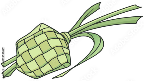Ketupat, traditional woven rice pouch, clean flat illustration, with copy space, even lighting, pastel background