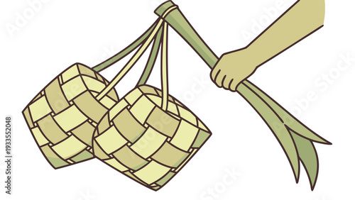 Ketupat, traditional woven rice pouch, clean flat illustration, with copy space, even lighting, pastel background