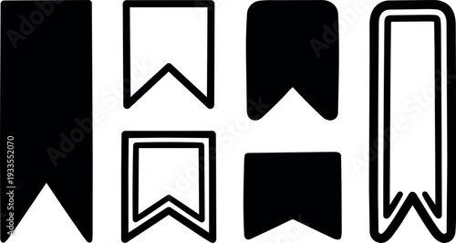 Minimalist black ribbon bookmark vector set six variations flat design close up isolated on white background top view clean icons