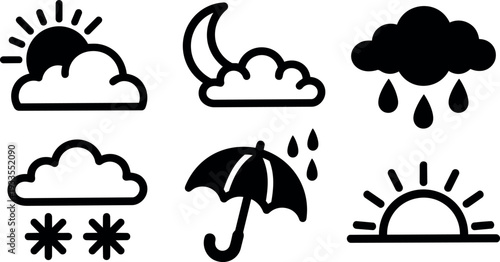 Flat design simple weather icon set six black cloud sun moon umbrella snow rain sunrise symbols vector art minimal outline