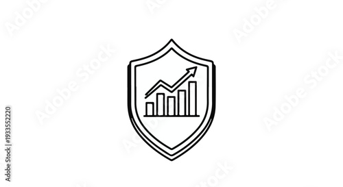 Shield protecting growing business graph with upward trend arrow, symbolizing security and success in finance and investment, modern minimalist line art style