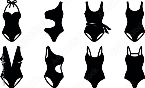 Flat design swimwear icon set showing eight black one piece swimsuit silhouettes in minimalist front and side views studio layout