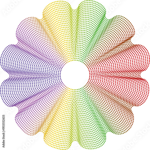 Abstract vibrant rainbow gradient geometric circular pattern composed of dots, isolated on a white background, suitable for modern design and decorative elements.