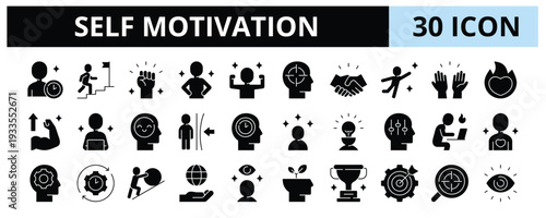 30 Self Motivation Glyph Icons Vector - Discipline, Persistence, Determination, Confidence, Courage, Focus, Commitment