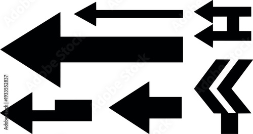 Flat design bold left arrow icon set in black various sizes angles isolated on white background minimal layout vector collection