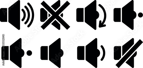 Flat design close up speaker icon set showing volume mute low and high states on white background simple bold silhouette