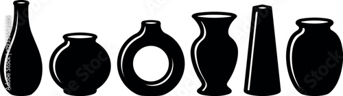 Silhouette flat design row of six black ceramic vase shapes side view isolated on white background minimal decor modern studio