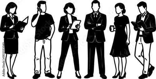 Flat design business people silhouettes standing various poses office tablet phone coffee reading documents confident professional teamwork communication posture diversity