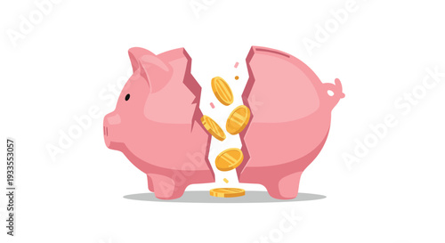 A traditional pink ceramic piggy bank is visibly cracked and split cleanly in half, with numerous shining gold coins actively falling out from the central break.