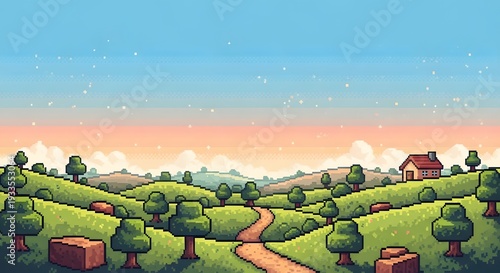 Pixelated serene countryside landscape with house and trees